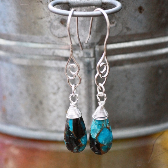 Handcrafted Natural Obsidian Turquoise Earrings Sterling Silver - Picture 4 of 7